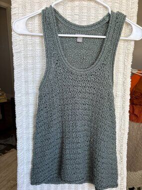 Aerie Chunky Open Knit Crochet Tank Top; Green Scoop Neck; Small